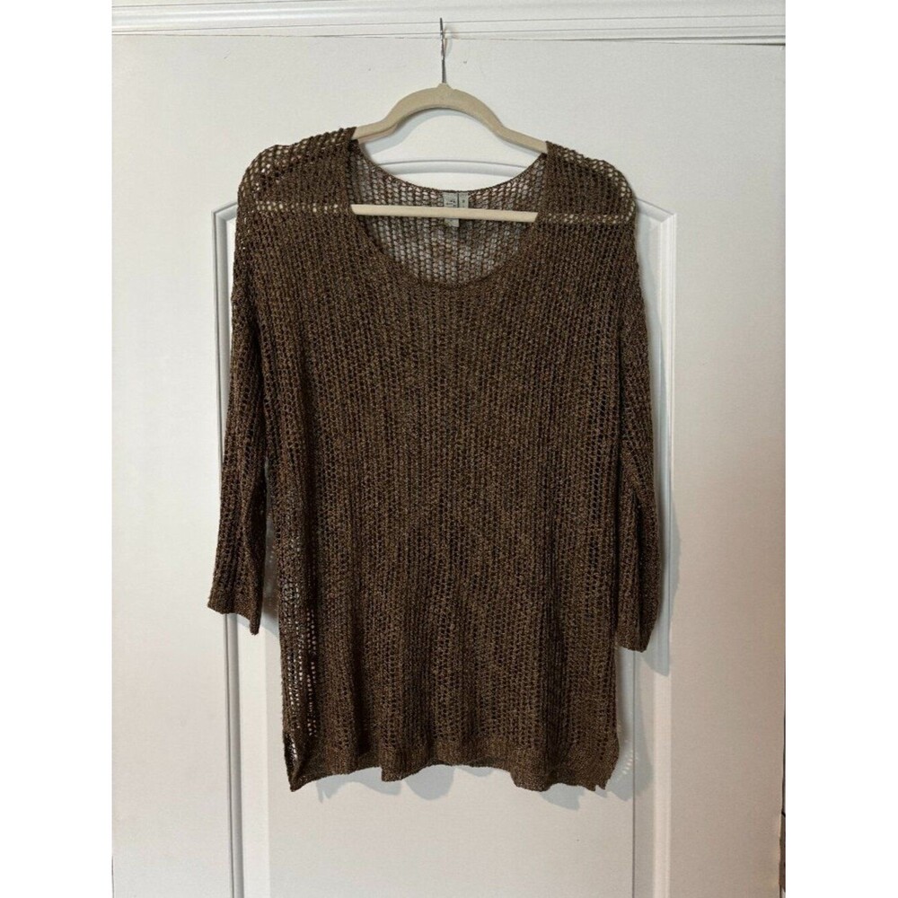 Sahalie Womens Sz M 100% Cotton "Wheat" Crochet 3/4 Sleeve Scoop Neck Tunic Top